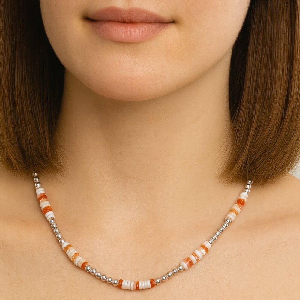 Sterling Silver & Spiny Oyster Beaded Necklace New